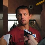 Astros pitcher Brian Moehler shown here answering questions related to a curious mark on his upper forehead